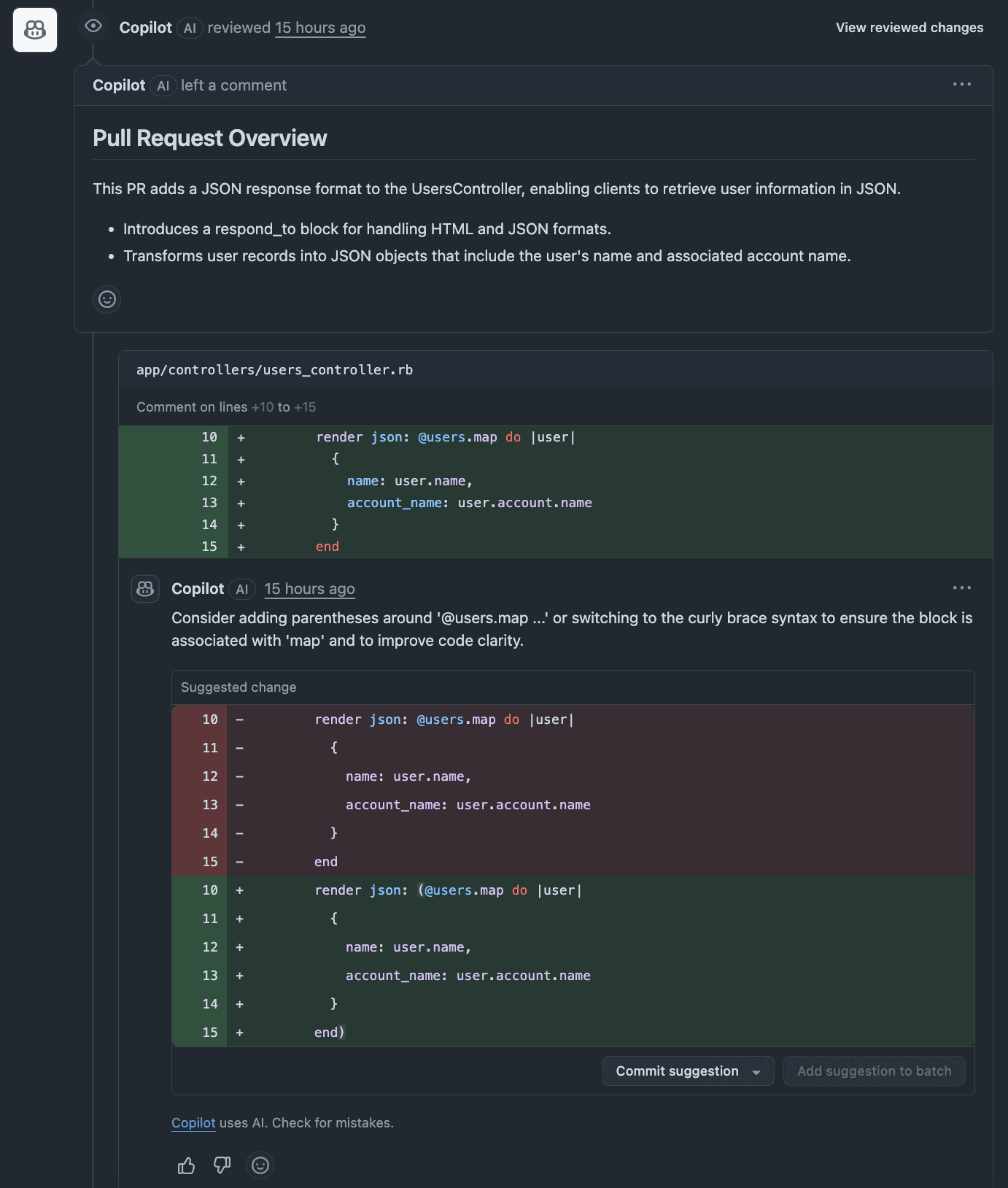 Github Copilot comment with no instructions